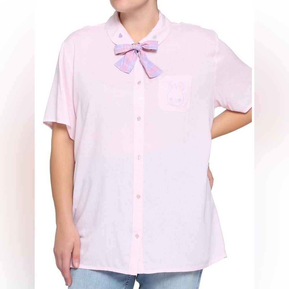Hot Topic Kawaii Pastel Bunny Bow Girls Woven Button-Up Size Small